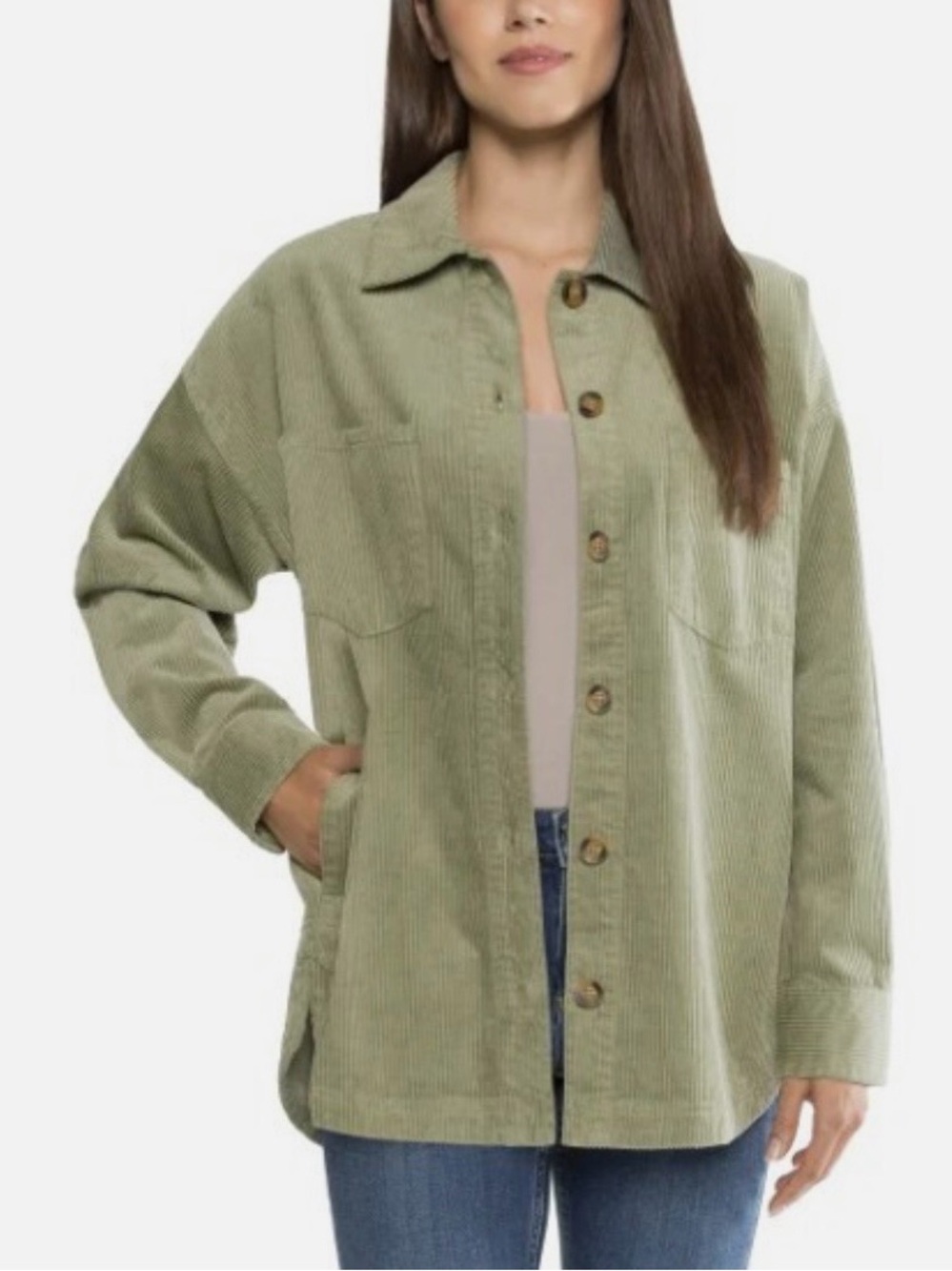 Matty M Light Olive Green Corduroy Button-Up Shacket